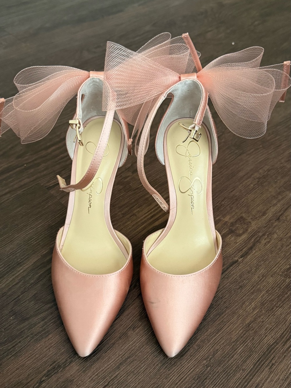 WORN ONCE Jessica Simpson 4inch Pink Satin Pointed-Toe Ankle-Strap Heels w/ Bow